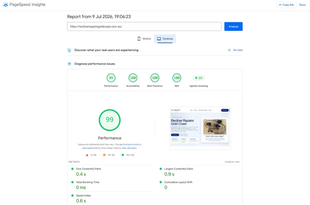 Recliner Repairs Gold Coast new desktop PageSpeed Insights result after redesign