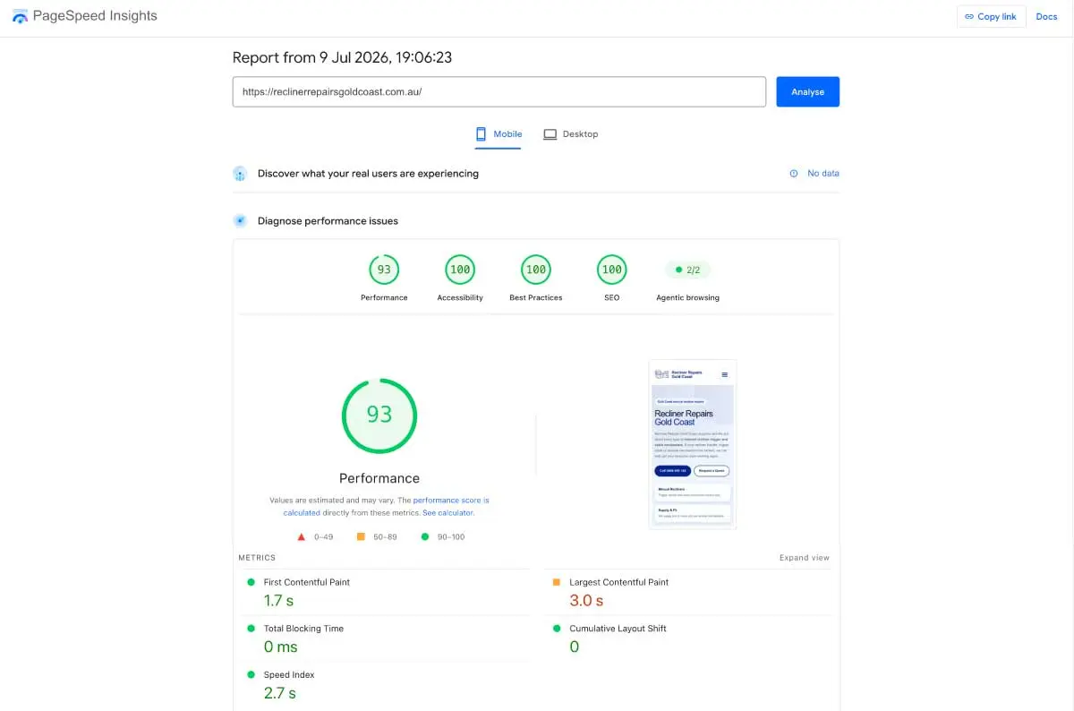 Recliner Repairs Gold Coast new mobile PageSpeed Insights result after redesign