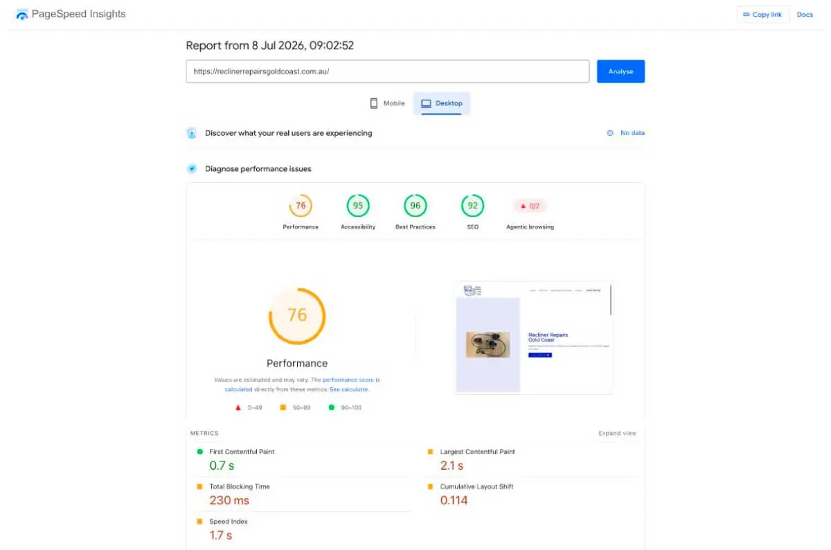 Recliner Repairs Gold Coast old desktop PageSpeed Insights result before redesign