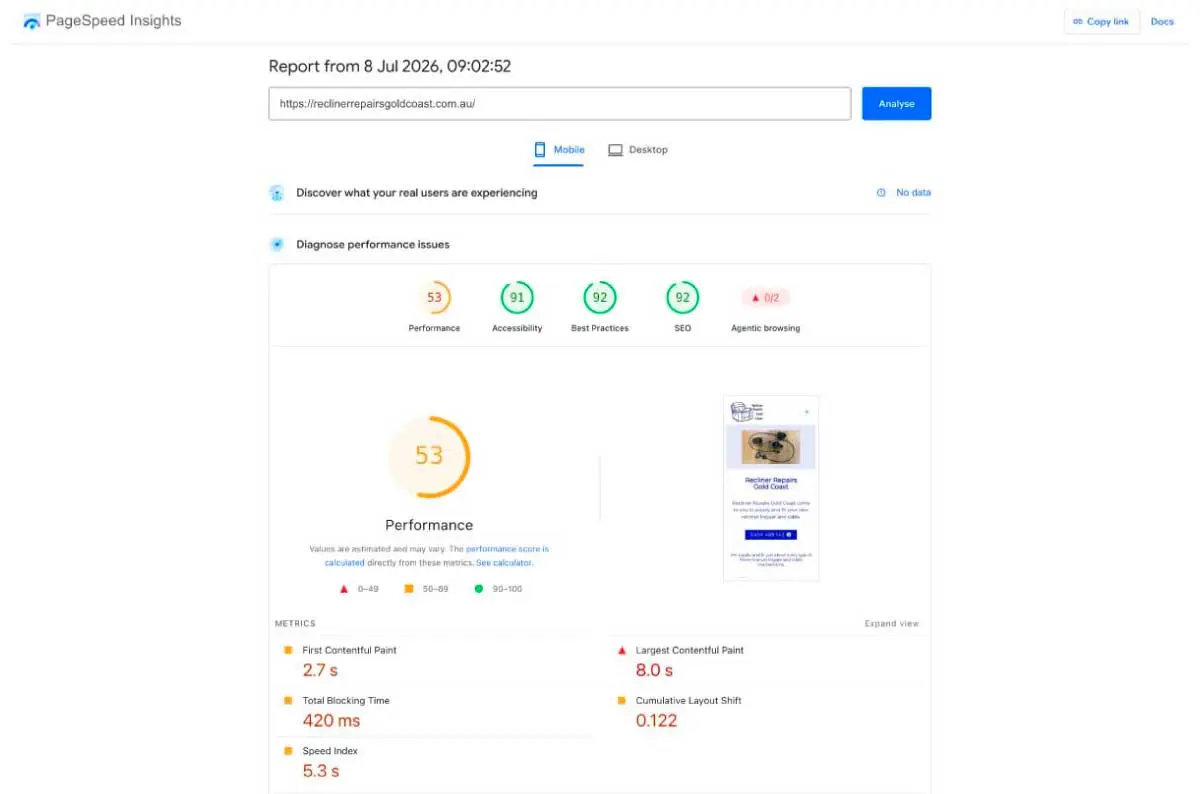 Recliner Repairs Gold Coast old mobile PageSpeed Insights result before redesign
