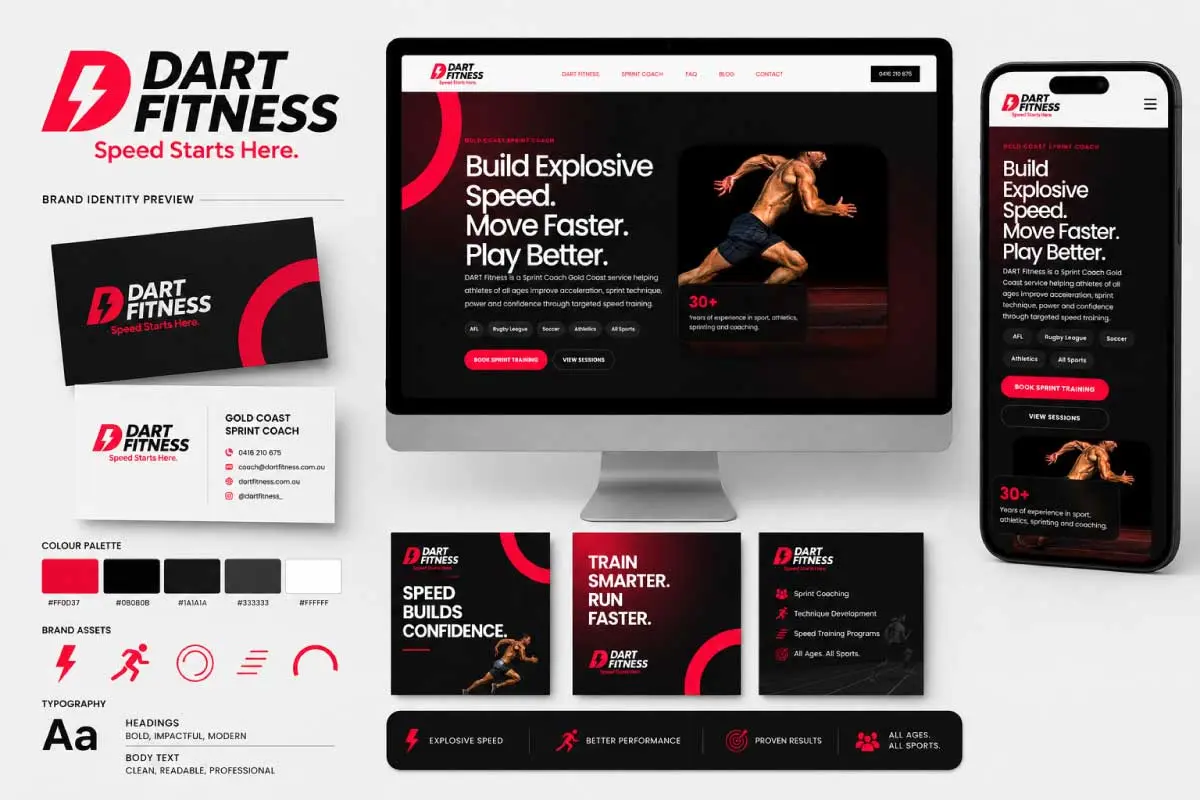 Modern website and brand design mockup across desktop and mobile devices