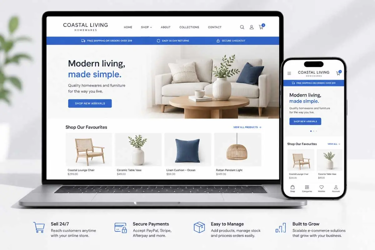 Modern e-commerce website mockup shown across desktop and mobile devices