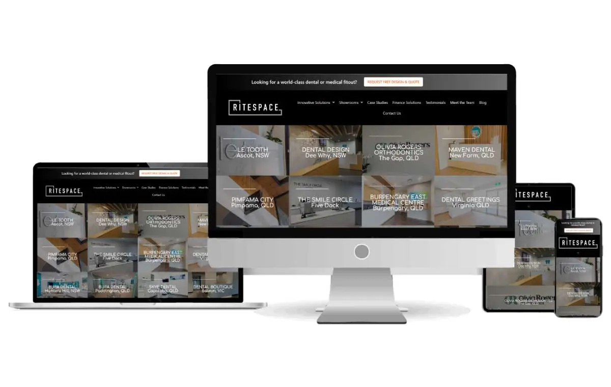 Website mockup shown across desktop, tablet and mobile devices