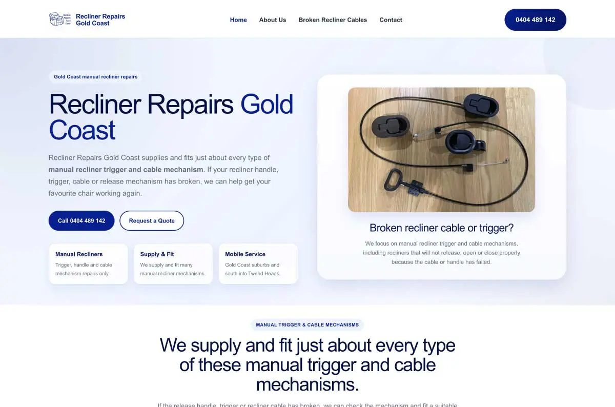 Recliner Repairs Gold Coast new desktop website after redesign