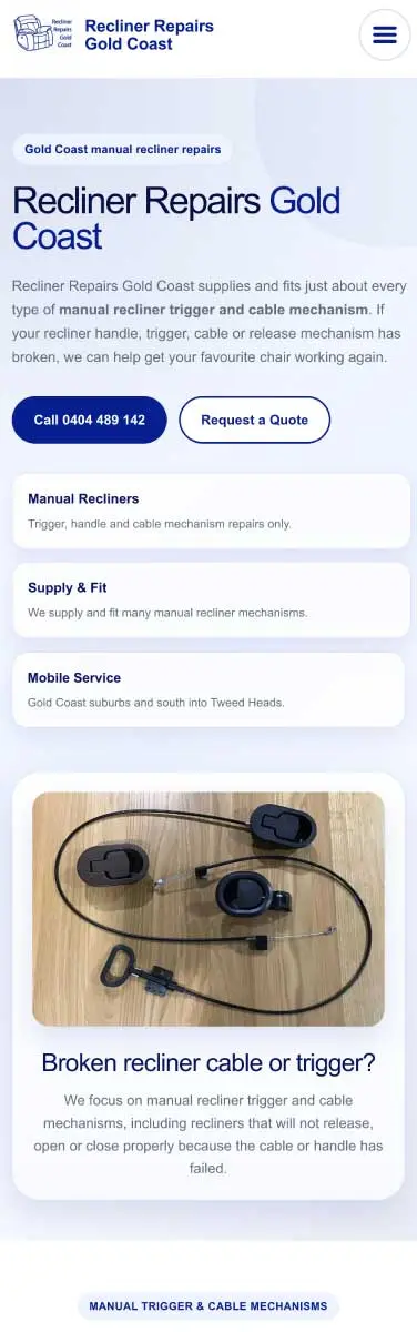 Recliner Repairs Gold Coast new mobile website after redesign